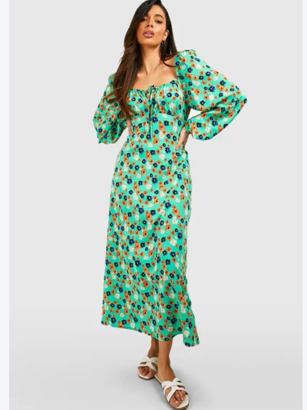 Boohoo Floral Puff-Sleeve Maxi Dress in Mint Green Midi Maxi Dress ASOS J5